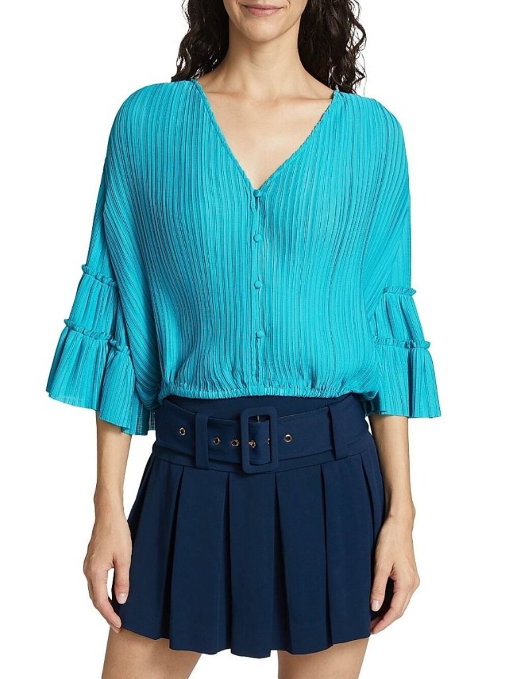 Ramy Brook Naya Pleated Crop Top XXL Calypso Blue NWT V Neck MSRP $365 - Picture 2 of 8